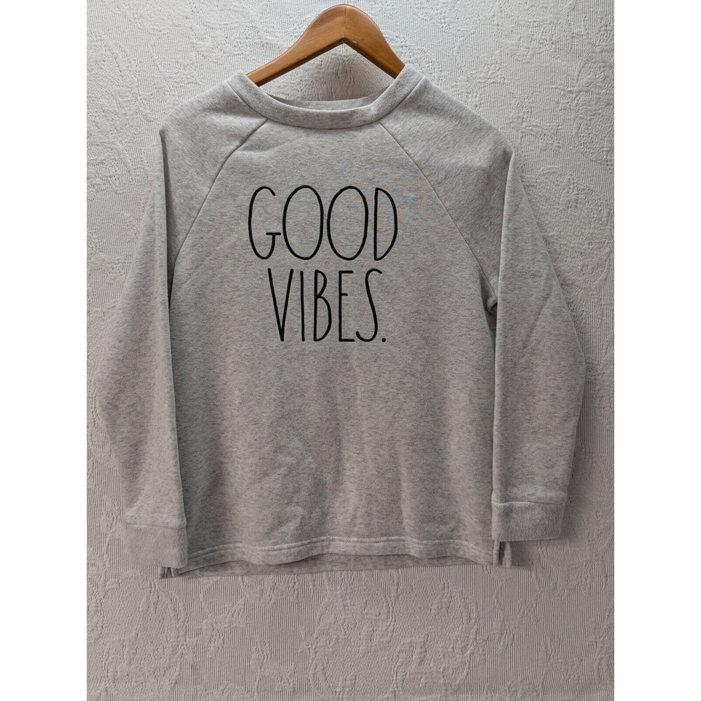 Rae Dunn Grey Pullover Sweatshirt “GOOD VIBES” Graphic Women Small Light Crew